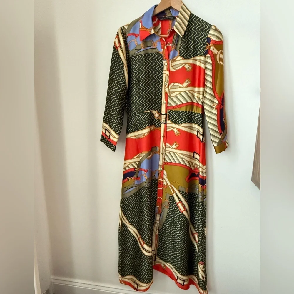 Zara Multicolor Button-Front Maxi Dress - Red, Olive & Blue